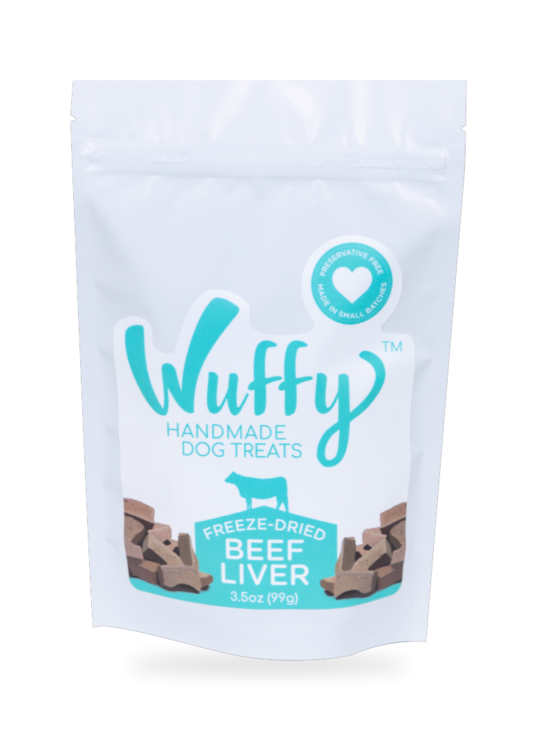 A white stand-up pouch of Wuffy Handmade Dog Treats Freeze-Dried Beef Liver, 3.5 oz (99g), on a white background 